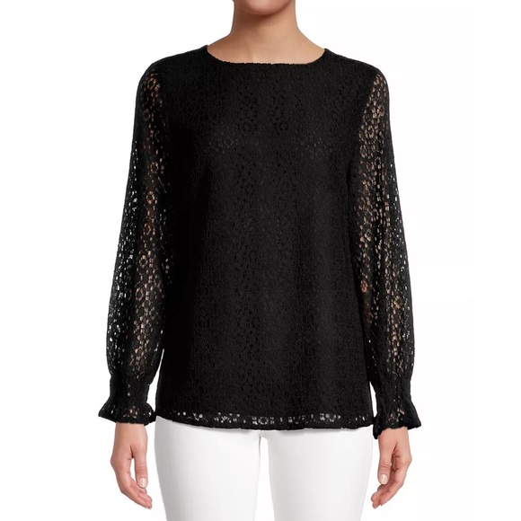 Misook Tops - Misook Black Lace Overlay Blouse Top Long Blouson Sleeve size XL NEW